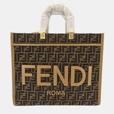 Pre-owned Fendi Sunshine Medium Brown Ff Jacquard And Leather Tote Bag