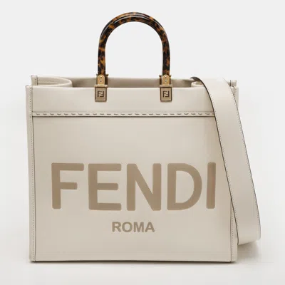 Pre-owned Fendi Sunshine Medium Ivory Leather Shopper Tote In White