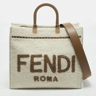 Pre-owned Fendi Sunshine Medium Off White/brown Leather And Shearling Fur Tote