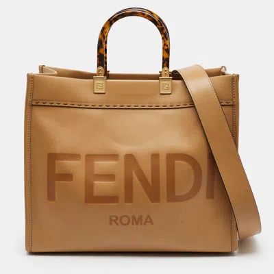 Pre-owned Fendi Sunshine Medium Tan Leather Shopper Tote In Brown