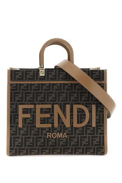 Fendi Sunshine Medium Tote Bag With Jacquard Ff Pattern In Brown