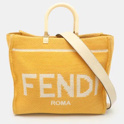 Pre-owned Fendi Sunshine Medium Yellow/white Crochet And Leather Tote