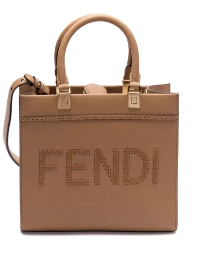 Fendi Brown Sunshine Small Satchel Bag In Cream