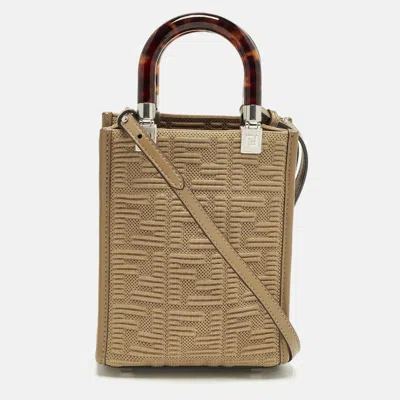 Pre-owned Fendi Sunshine Mini Beige Zucca Embossed Fabric Tote In Sand