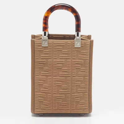 Pre-owned Fendi Sunshine Mini Beige Zucca Embossed Fabric Tote In Sand