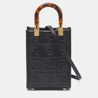 Pre-owned Fendi Sunshine Mini Black Zucca Embossed Leather Tote