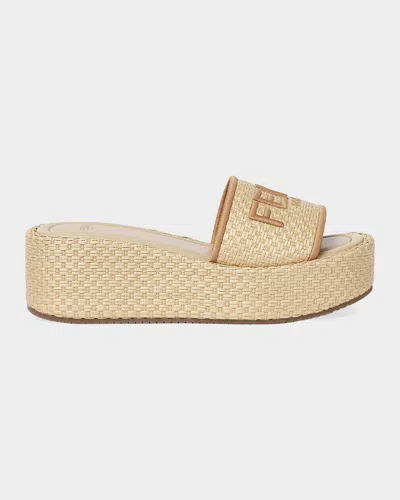Fendi Sunshine Raffia Platform Slide Sandals In Multi