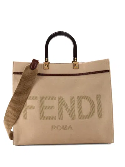Pre-owned Fendi Sunshine Shopper Canvas Medium Tote Bag In Brown