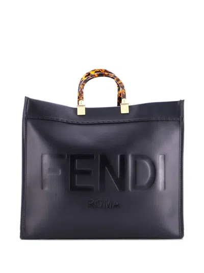 Pre-owned Fendi Sunshine Shopper Leather Large Tote Bag In Black