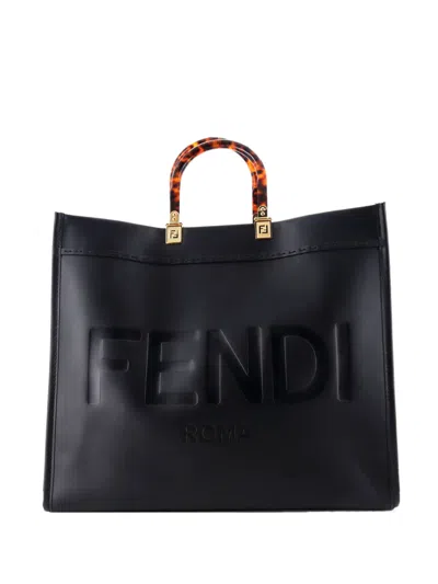 Pre-owned Fendi Sunshine Shopper Leather Large Tote Bag In Black