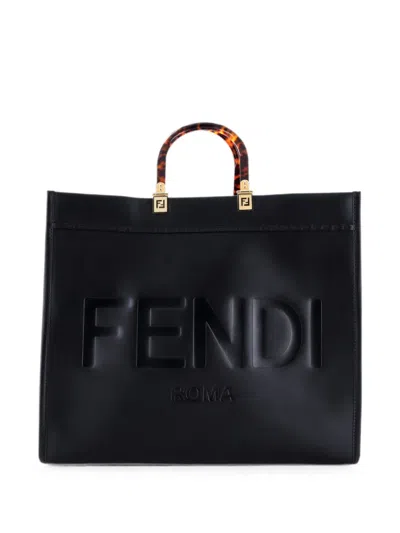 Pre-owned Fendi Sunshine Shopper Leather Large Tote Bag In Black