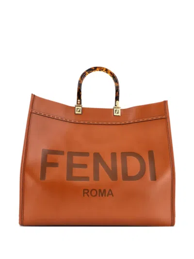 Pre-owned Fendi Sunshine Shopper Leather Large Tote Bag In Brown