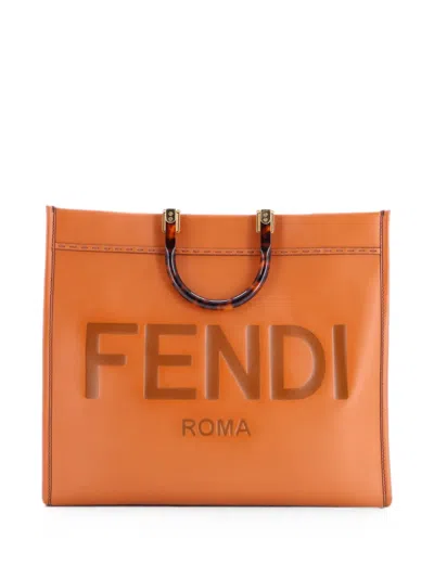 Pre-owned Fendi Sunshine Shopper Leather Large Tote Bag In Brown