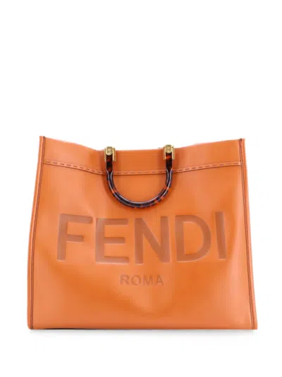 Pre-owned Fendi Sunshine Shopper Leather Large Tote Bag In Brown