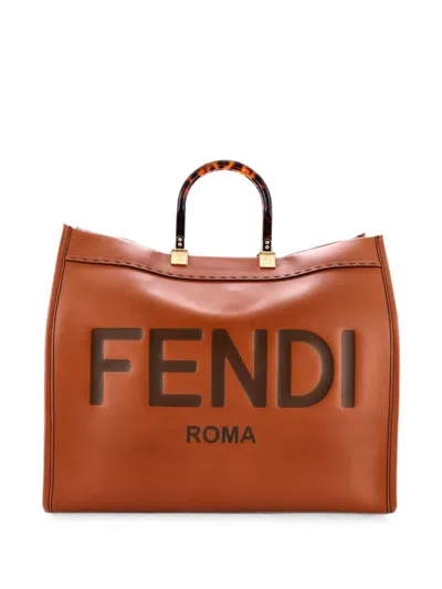 Pre-owned Fendi Sunshine Shopper Leather Large Tote Bag In Brown