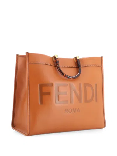 Pre-owned Fendi Sunshine Shopper Leather Large Tote Bag In Brown