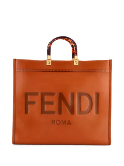 Pre-owned Fendi Sunshine Shopper Leather Large Tote Bag In Brown