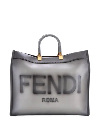 Pre-owned Fendi Sunshine Shopper Leather Large Tote Bag In Grey
