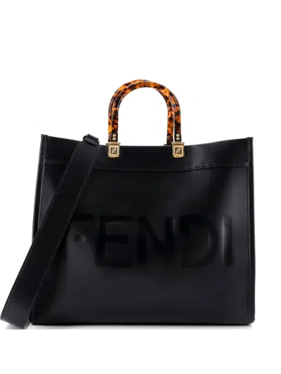 Pre-owned Fendi Sunshine Shopper Leather Medium Tote Bag In Black