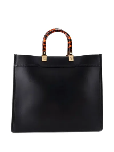 Pre-owned Fendi Sunshine Shopper Leather Medium Tote Bag In Black