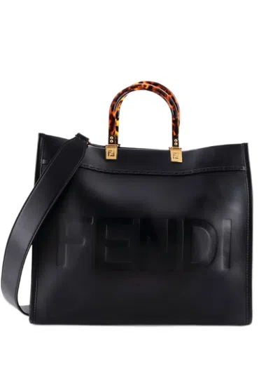 Pre-owned Fendi Sunshine Shopper Leather Medium Tote Bag In Black