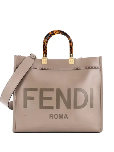 Pre-owned Fendi Sunshine Shopper Leather Medium Tote Bag In Brown