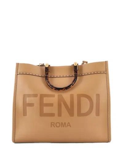 Pre-owned Fendi Sunshine Shopper Leather Medium Tote Bag In Brown