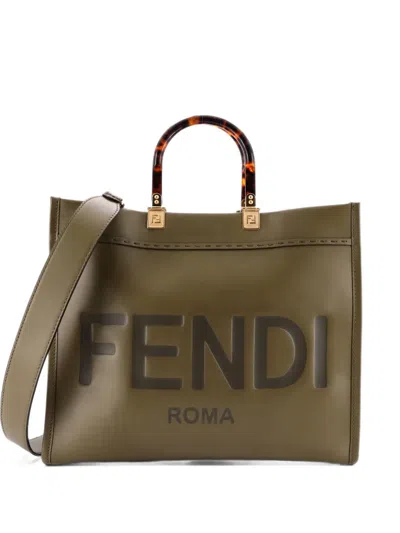 Pre-owned Fendi Sunshine Shopper Leather Medium Tote Bag In Green
