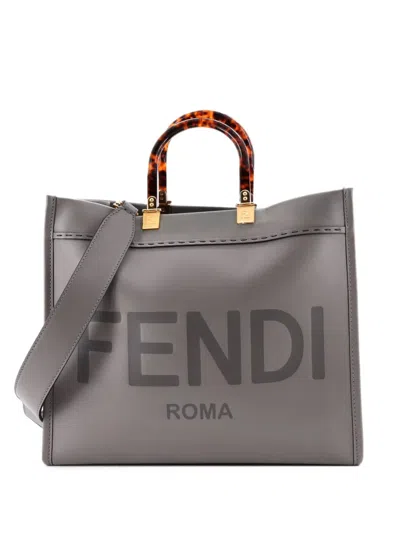 Pre-owned Fendi Sunshine Shopper Leather Medium Tote Bag In Grey