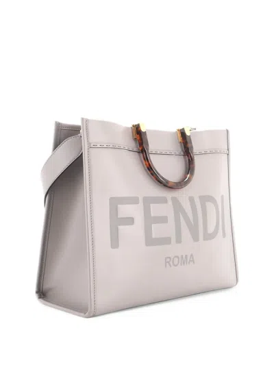Pre-owned Fendi Sunshine Shopper Leather Medium Tote Bag In Grey