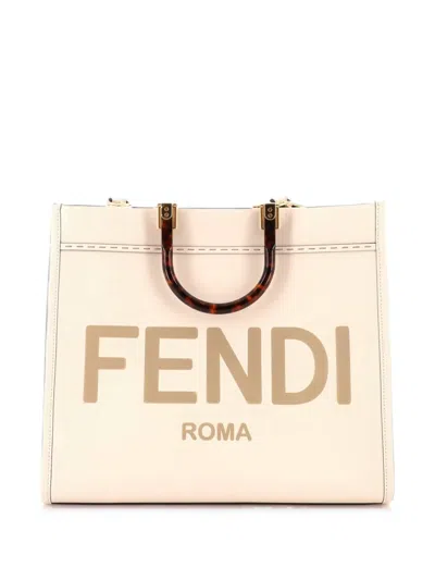 Pre-owned Fendi Sunshine Shopper Leather Medium Tote Bag In Neutrals