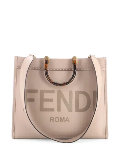 Pre-owned Fendi Sunshine Shopper Leather Medium Tote Bag In Neutrals