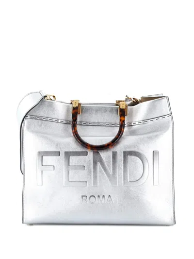 Pre-owned Fendi Sunshine Shopper Leather Medium Tote Bag In Silver