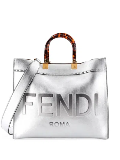 Pre-owned Fendi Sunshine Shopper Leather Medium Tote Bag In Silver