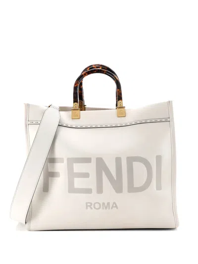 Pre-owned Fendi Sunshine Shopper Leather Medium Tote Bag In White