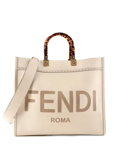 Pre-owned Fendi Sunshine Shopper Leather Medium Tote Bag In White