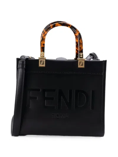 Pre-owned Fendi Sunshine Shopper Leather Small Tote Bag In Black