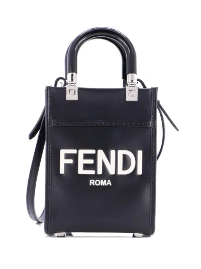 Pre-owned Fendi Sunshine Shopper Tote Leather Mini Crossbody Bag In Black