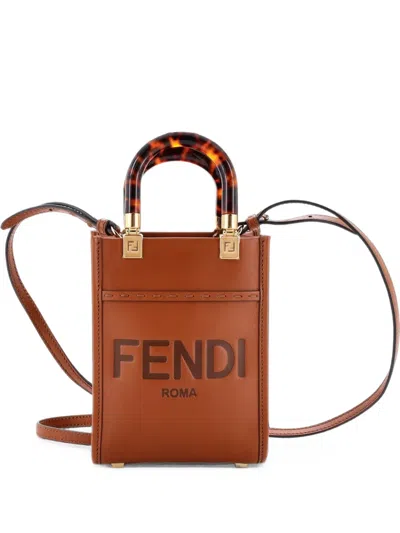 Pre-owned Fendi Sunshine Shopper Tote Leather Mini Crossbody Bag In Brown