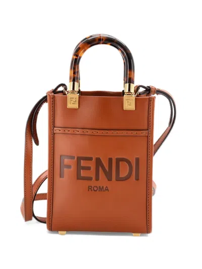 Pre-owned Fendi Sunshine Shopper Tote Leather Mini Crossbody Bag In Brown