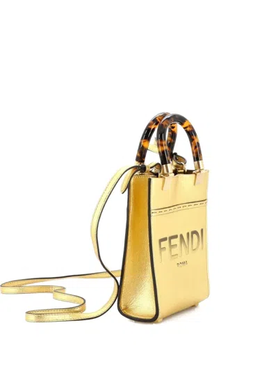 Pre-owned Fendi Sunshine Shopper Tote Leather Mini Crossbody Bag In Gold
