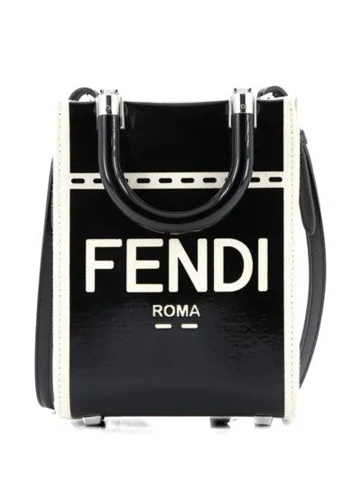 Pre-owned Fendi Sunshine Shopper Tote Patent And Canvas Mini Crossbody Bag In Black