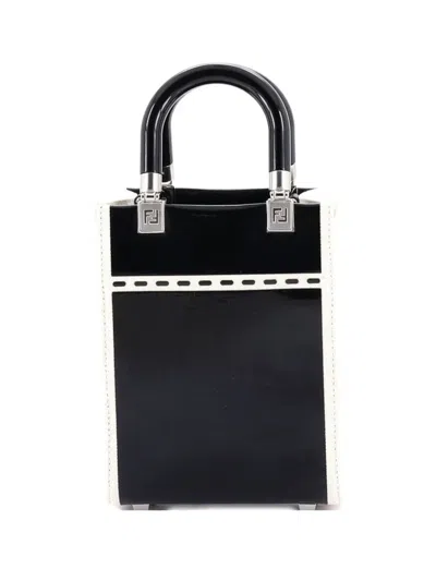Pre-owned Fendi Sunshine Shopper Tote Patent And Canvas Mini Crossbody Bag In Black