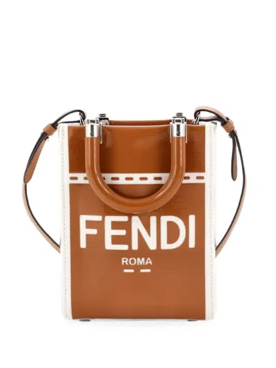 Pre-owned Fendi Sunshine Shopper Tote Patent And Canvas Mini Crossbody Bag In Brown