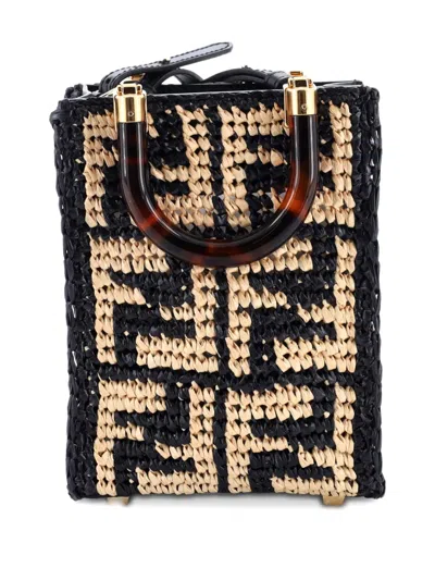 Pre-owned Fendi Sunshine Shopper Tote Zucca Raffia Mini Satchel In Black