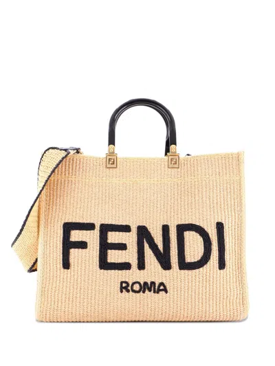 Pre-owned Fendi Sunshine Shopper Woven Raffia Medium Tote Bag In Neutral