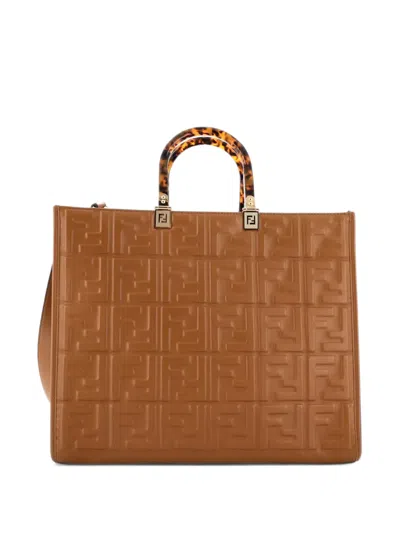 Pre-owned Fendi Sunshine Shopper Zucca Embossed Leather Medium Tote Bag In Brown
