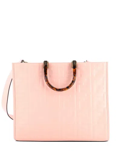 Pre-owned Fendi Sunshine Shopper Zucca Embossed Leather Medium Tote Bag In Pink