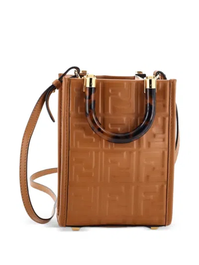 Pre-owned Fendi Sunshine Shopper Zucca Embossed Leather Mini Tote Bag In Brown