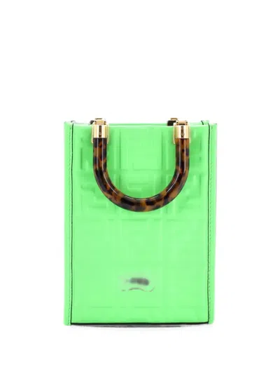 Pre-owned Fendi Sunshine Shopper Zucca Embossed Leather Mini Tote Bag In Green